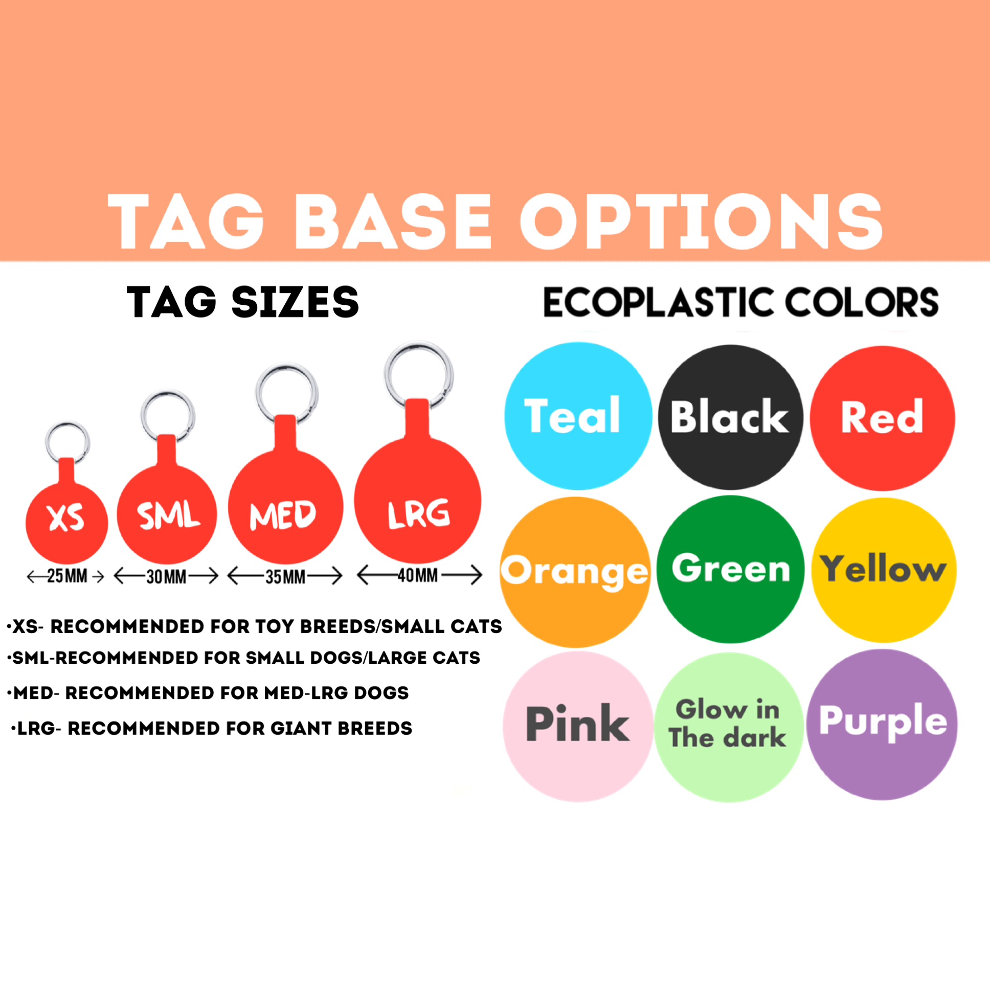 Chart showing tag size options and ecoplastic color choices on a white background.

