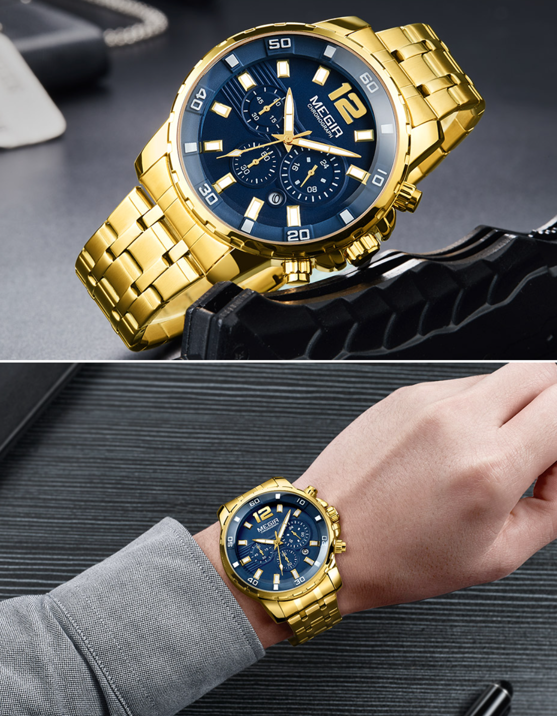 Gold wristwatch with blue face on a dark surface, worn on a wrist.
