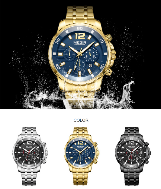 Gold, silver, and black watches displayed with water splash effect on a dark background
