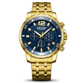 Gold wristwatch with a blue dial on a white background