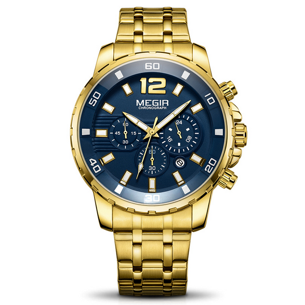 Gold wristwatch with a blue dial on a white background