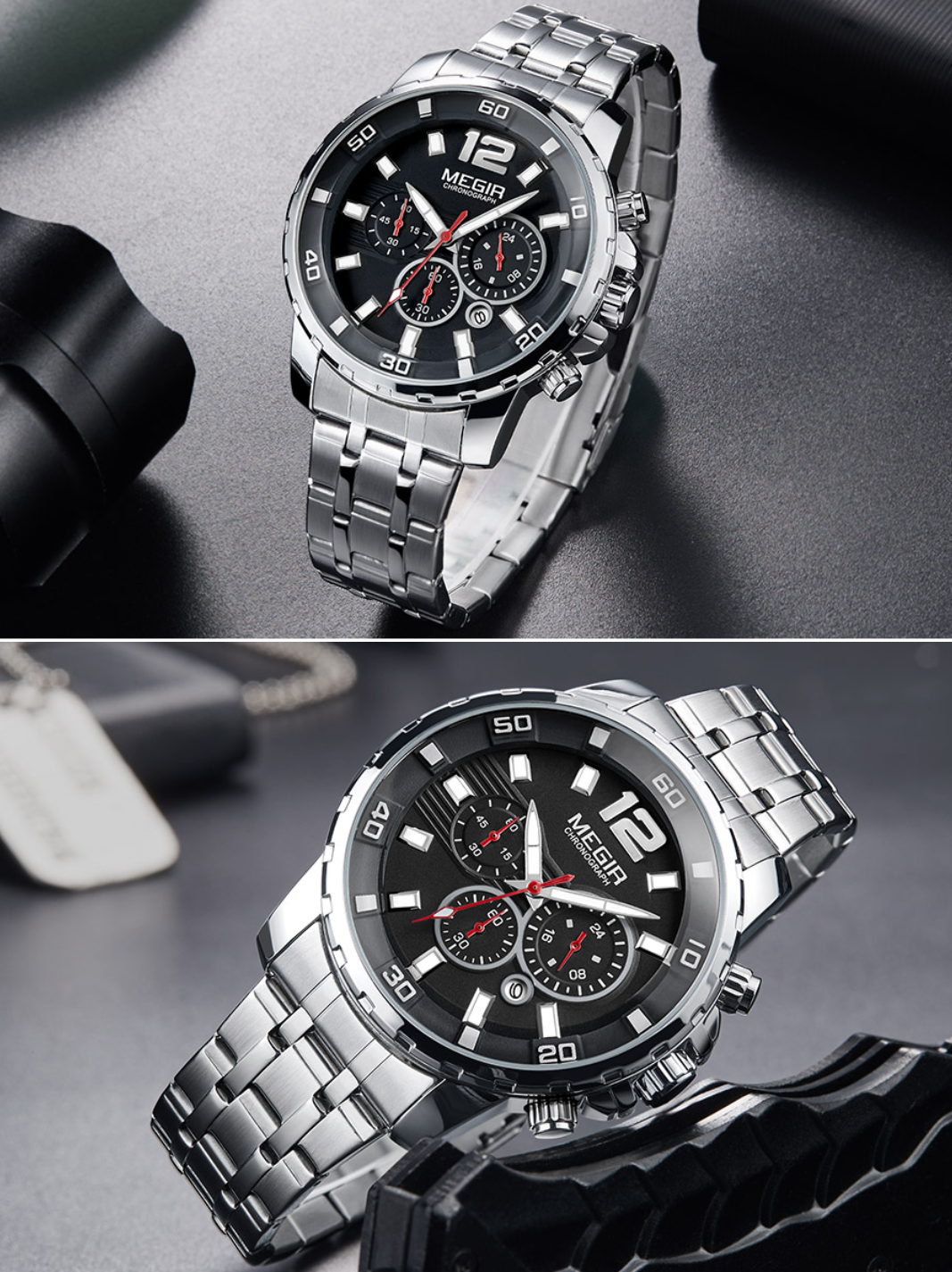 Silver wristwatch with black face on a dark surface