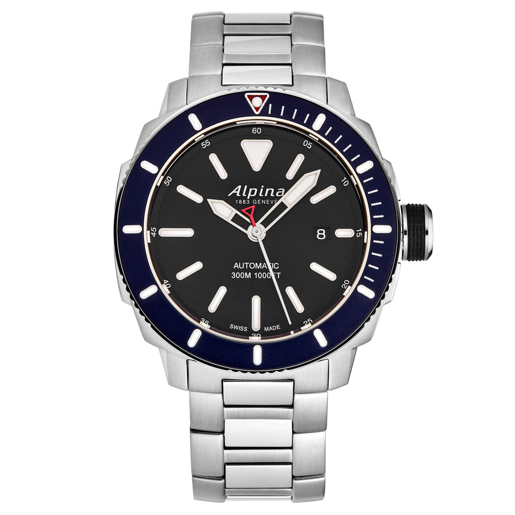 Alpina watch with black dial and silver bracelet on a white background