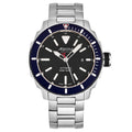 Alpina watch with black dial and silver bracelet on a white background