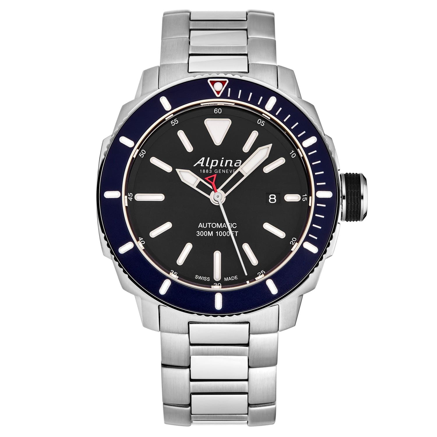 Alpina watch with black dial and silver bracelet on a white background