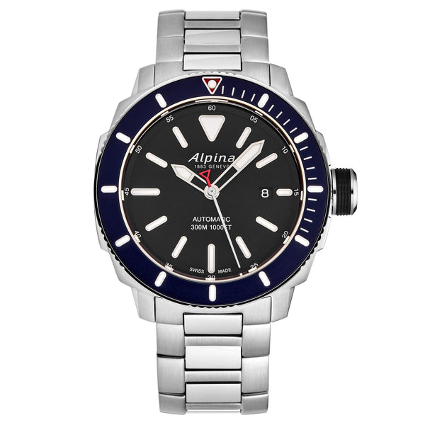 Alpina watch with black dial and silver bracelet on a white background