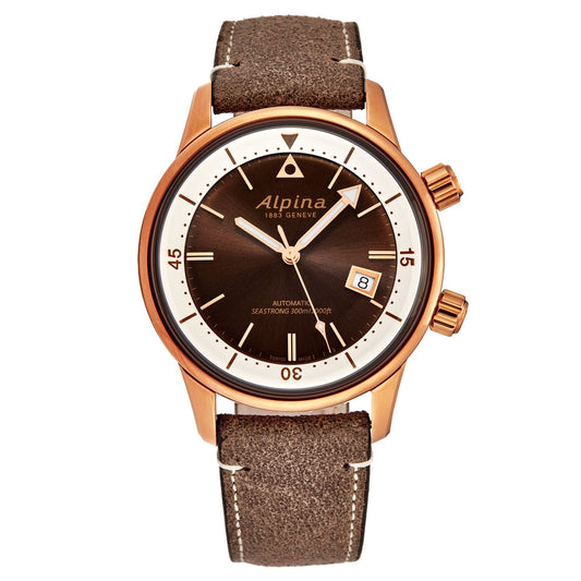 Watch with brown leather strap and rose gold case on white background
