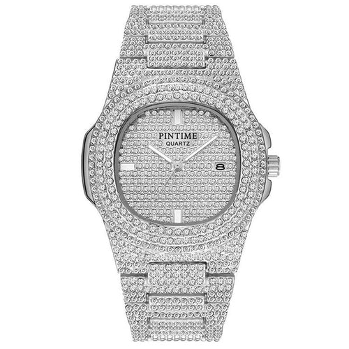 Silver watch with diamond-studded band on a white background