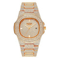 Gold wristwatch with diamond-studded band on a white background