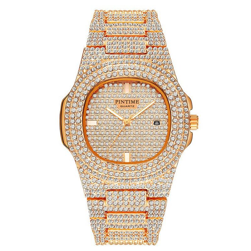 Gold wristwatch with diamond-studded case on a white background