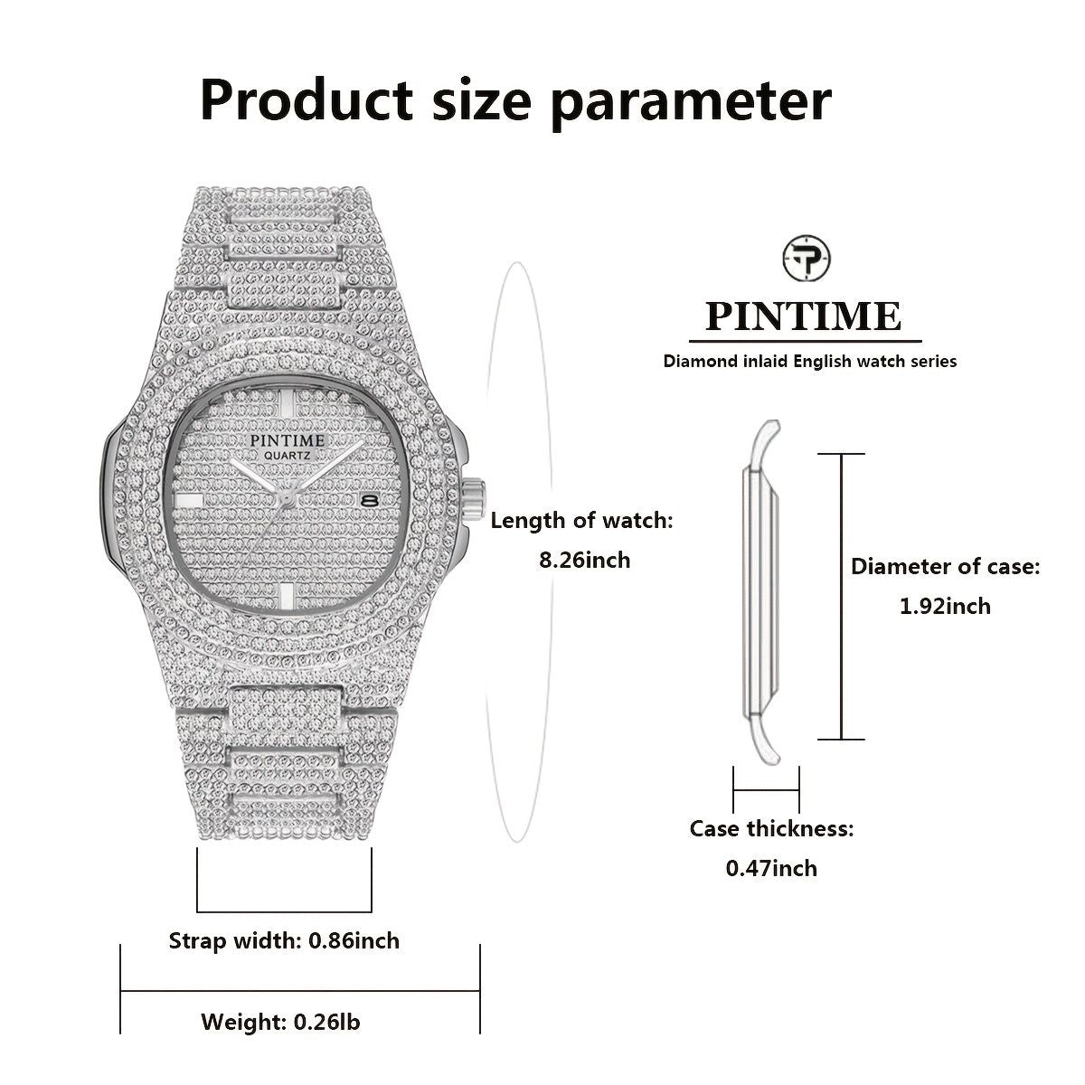 Diamond-encrusted watch with dimensions and PINTIME branding on a white background