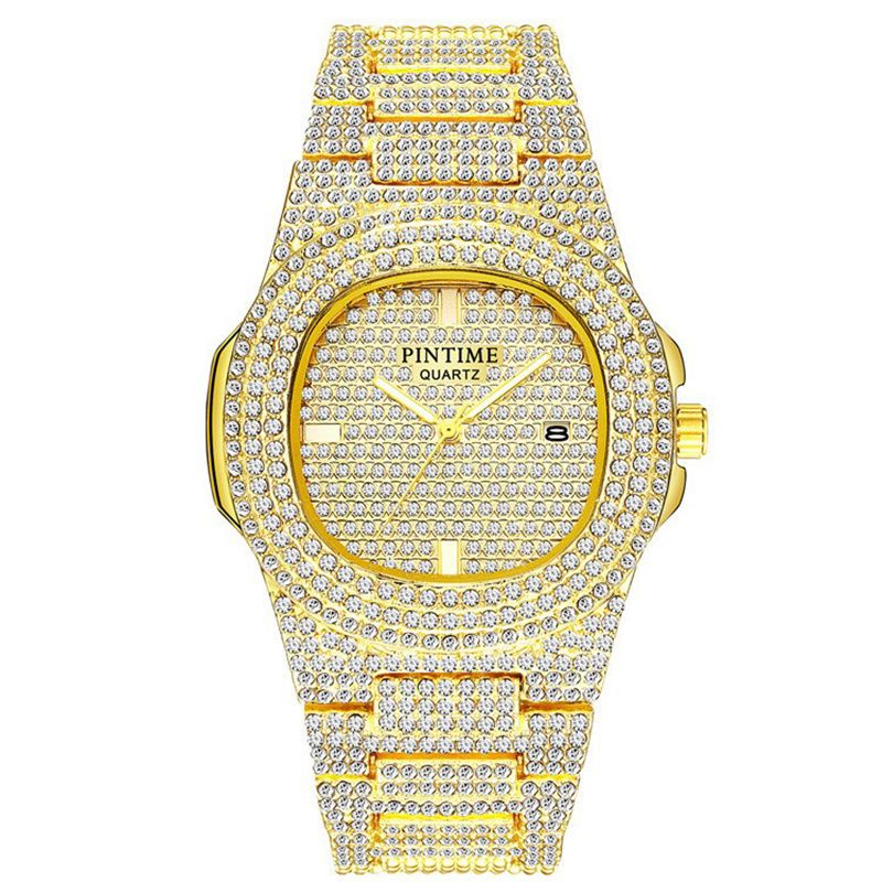 Gold wristwatch with diamond-studded bezel on a white background