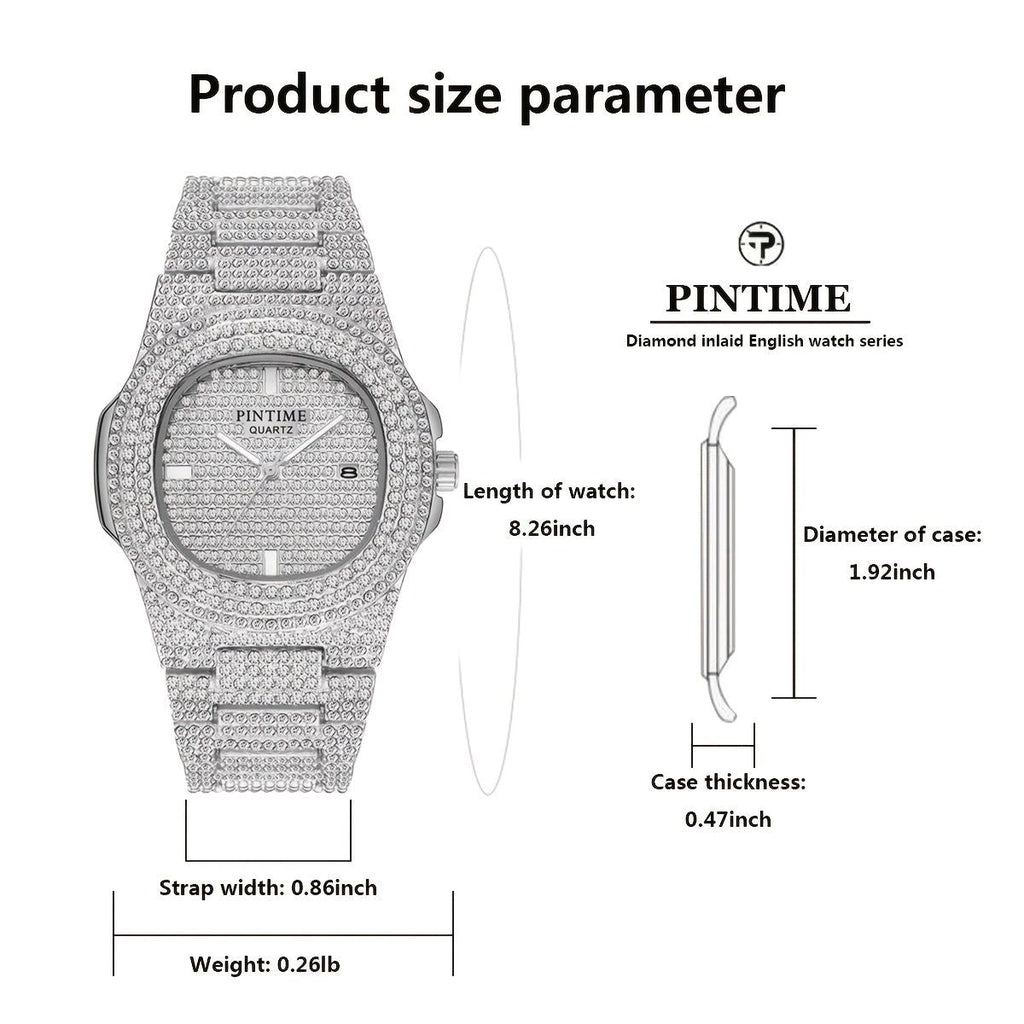 Diamond-encrusted watch with dimensions and PINTIME branding on a white background