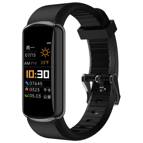 Black smartwatch with a digital display on a white background