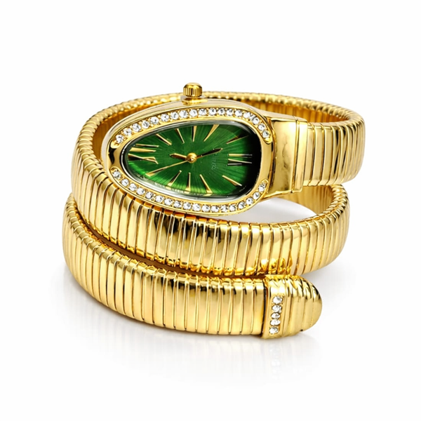Gold bracelet with a green face on a white background