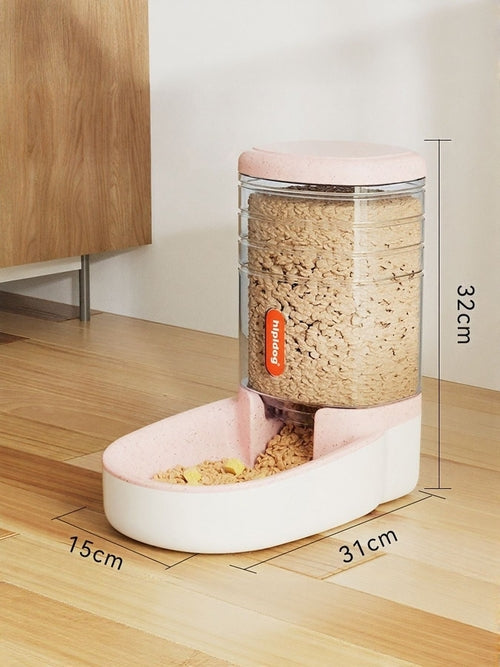 Pet food dispenser with measurements on a wooden floor