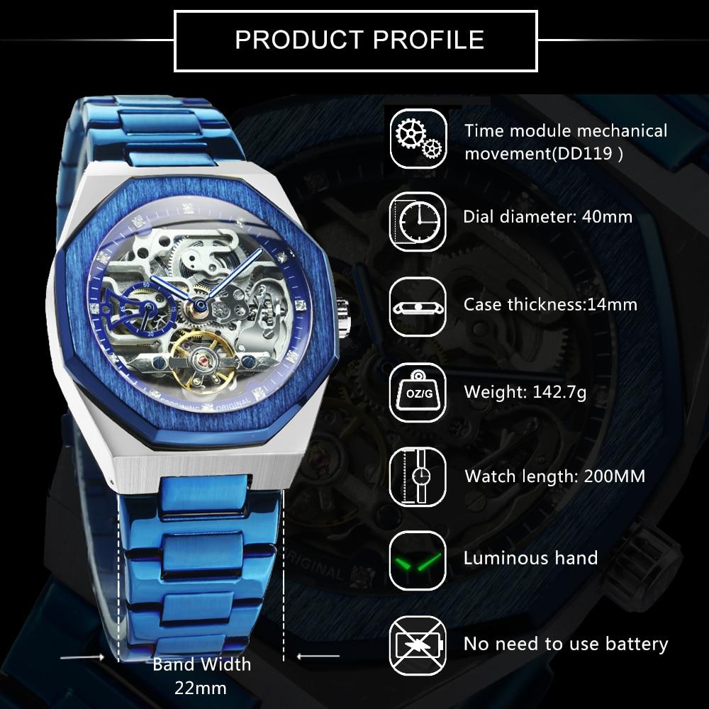 Blue mechanical watch with detailed specifications on a dark background