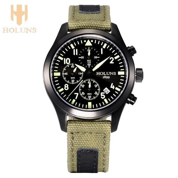 Wristwatch with green strap and black dial on a white background, featuring the brand 'HOLUNS'.