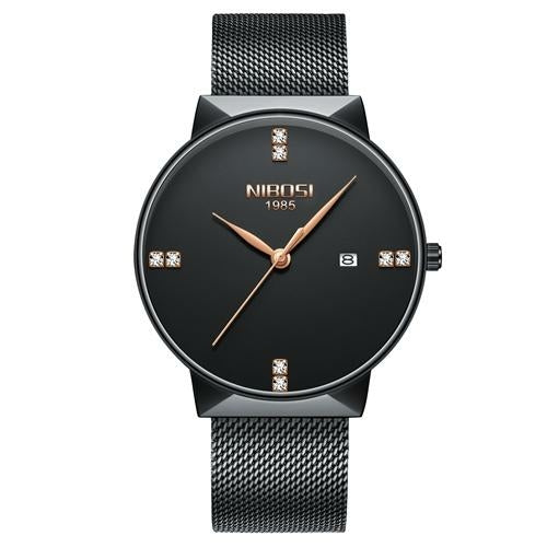 Black wristwatch with rose gold accents on a white background