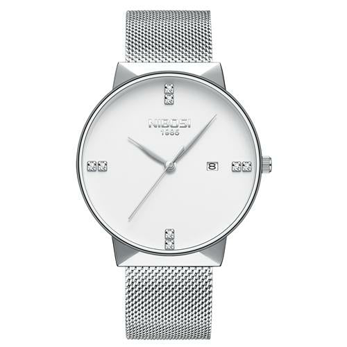 Silver watch with mesh band and NIBOSI branding on a white background