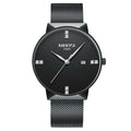 Black wristwatch with mesh band on a white background, featuring the brand 'NIBIOSI'.