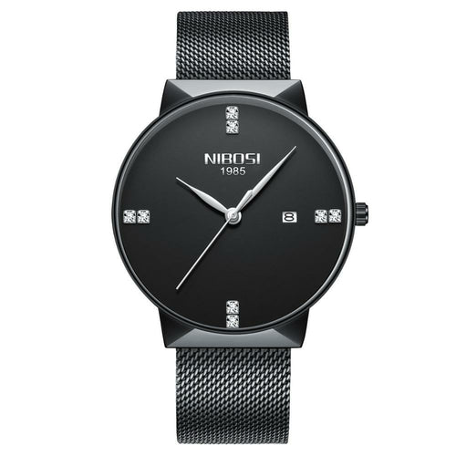 Black wristwatch with mesh band on a white background, featuring the brand 'NIBIOSI'.