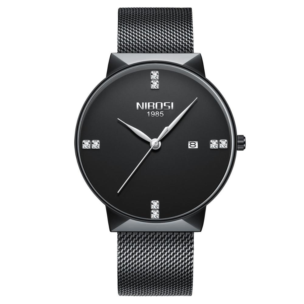 Black wristwatch with mesh band on a white background, featuring the brand 'NIBIOSI'.