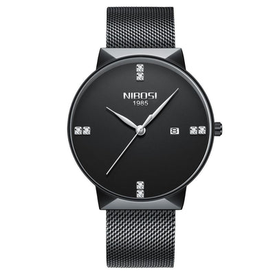 Black wristwatch with mesh band on a white background, featuring the brand 'NIBIOSI'.