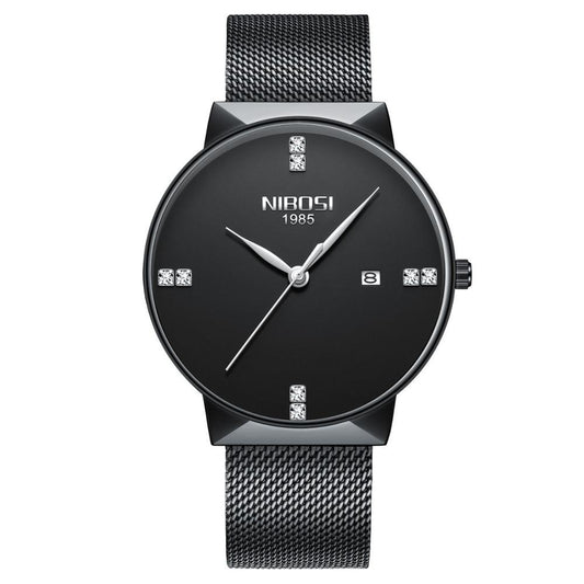 Black wristwatch with mesh band on a white background, featuring the brand 'NIBIOSI'.