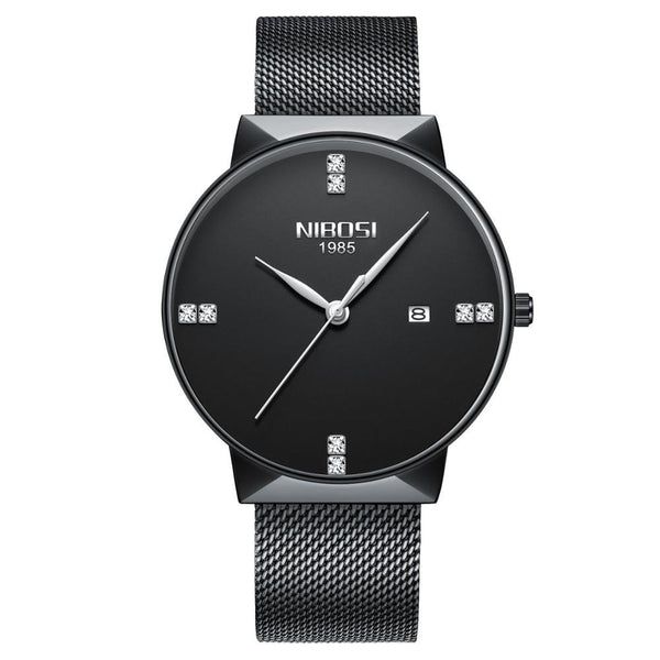 Black wristwatch with mesh band on a white background, featuring the brand 'NIBIOSI'.