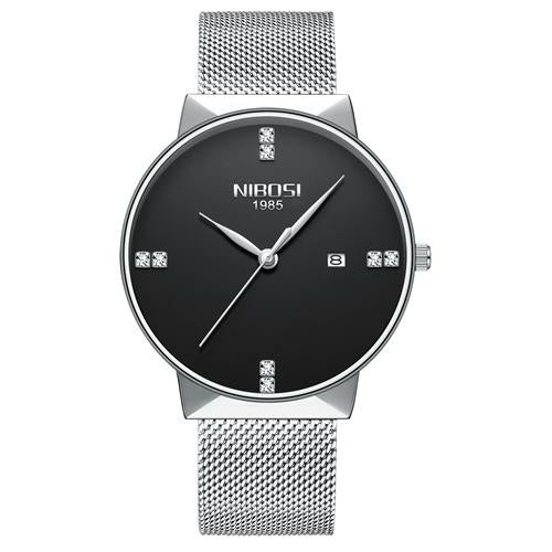 NIBOSI watch with black dial and silver mesh strap on a white background