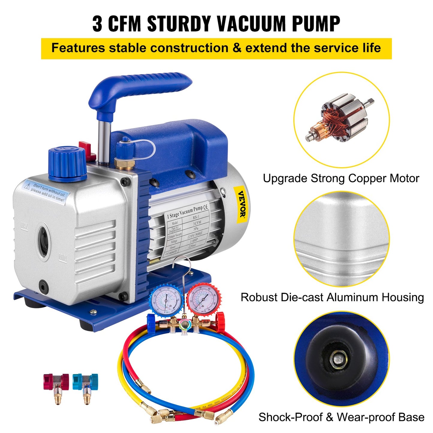 3CFM 1/4HP Refrigerant Vacuum Pump Kit, 85 L/min Refrigerant